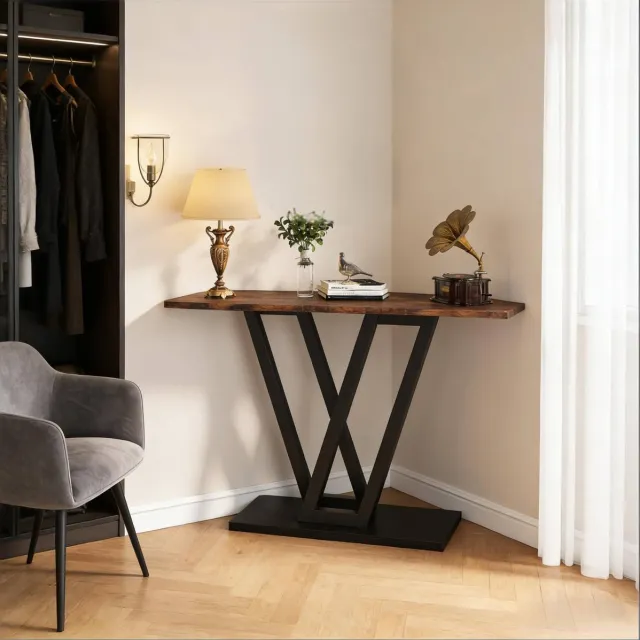 MEUNIQ Sidetable 110 x 30 x 80 cm – smalle consoletafel met V-vormige metalen poten, rechthoekig blad voor hal, gang of woonkamer – zwart en rustiek bruin