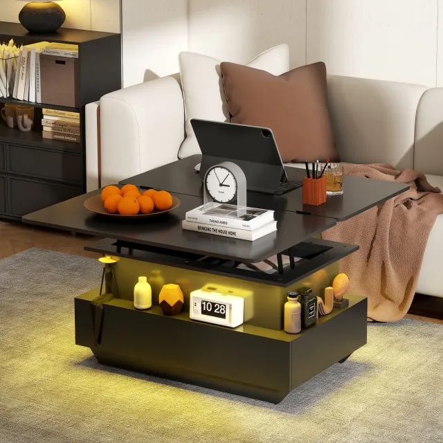 Puluomis Salontafel - Verstelbaar bureaublad - Opvouwbaar bureaublad - RGB Verlichting - Zwart