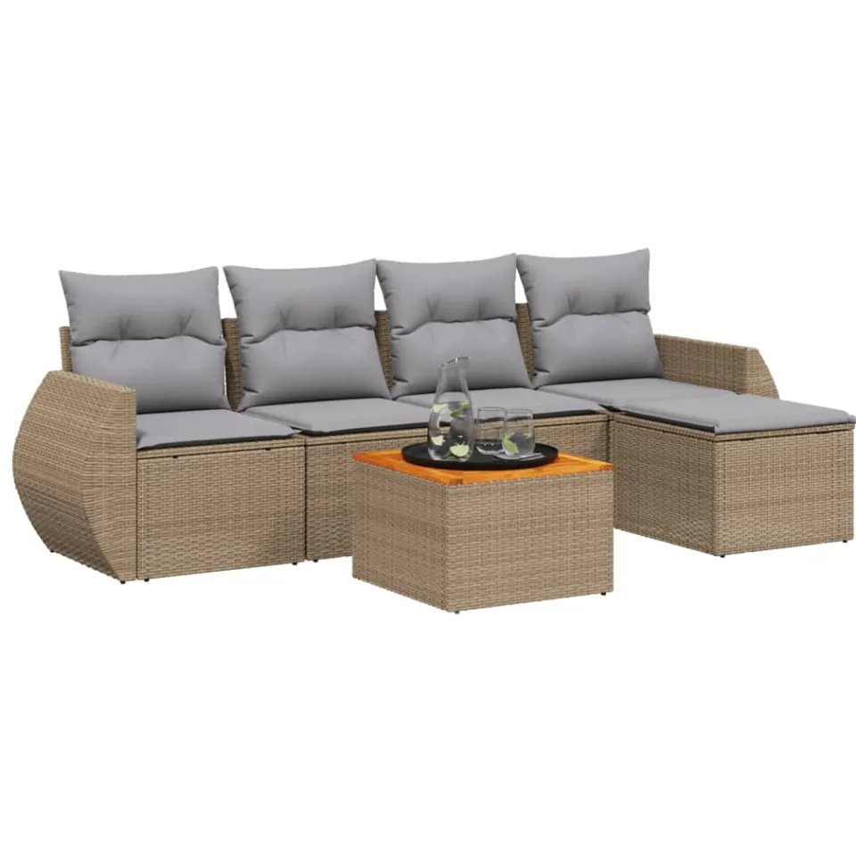 vidaXL 6-delige Loungeset met kussens poly rattan beige