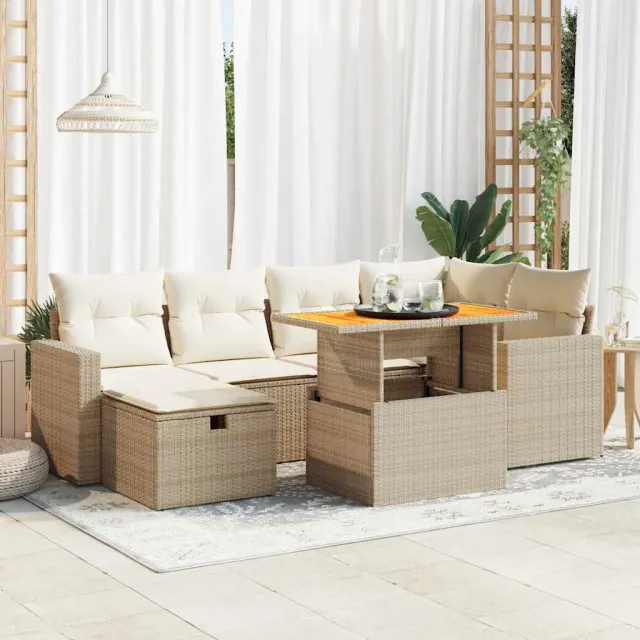 vidaXL 7-delige Loungeset met kussens poly rattan beige, foto 2