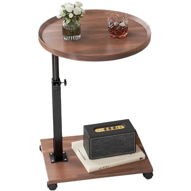AIMASON Minimalistische Verstelbare Bijzettafel Rond｜Nachtkastje en Salontafel｜Walnoot Houtkleur 40×40×45-80 cm