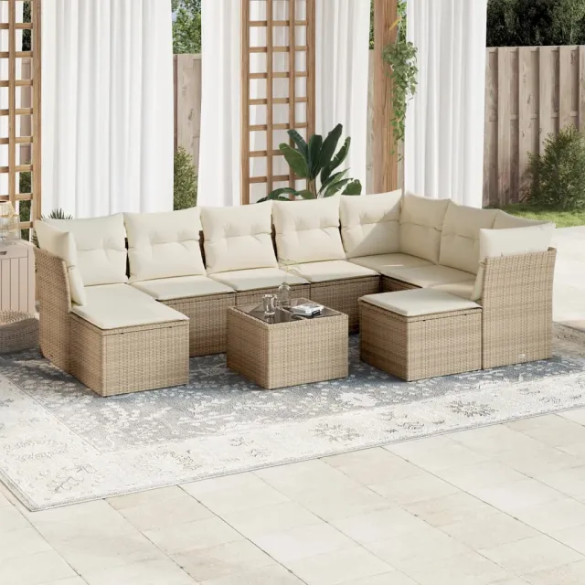 vidaXL 10-delige Loungeset met kussens poly rattan beige, foto 2