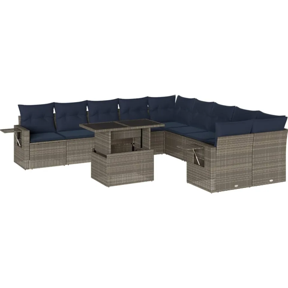 vidaXL 11-delige tuinbankset met kussens, grijs polyrotan