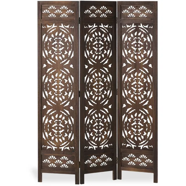 Homestyle4u Kamerscherm - 3-Panelen – Donkerbruin Roomdivider met Sierlijk Uitsnijwerk