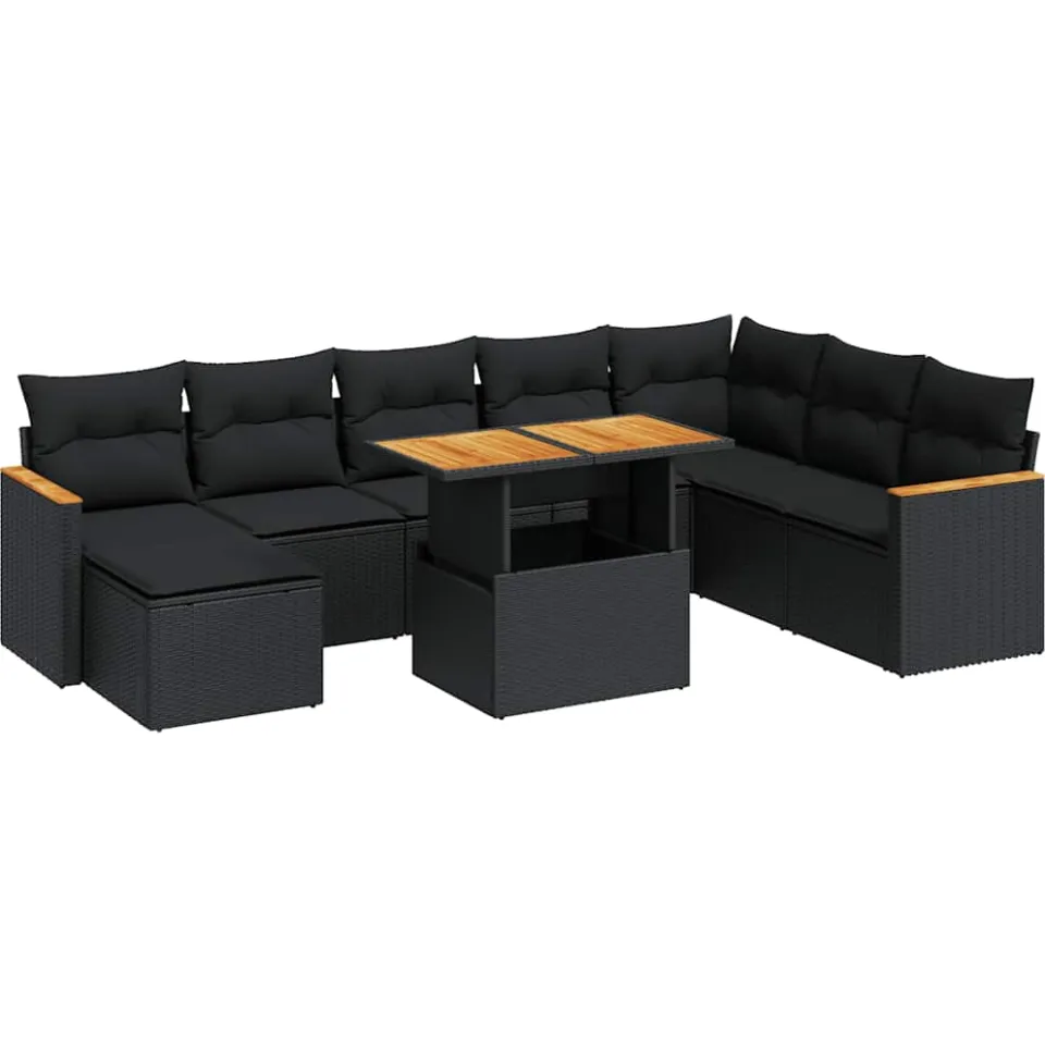 vidaXL 9-delige Loungeset met kussens poly rattan acacia zwart, foto 3