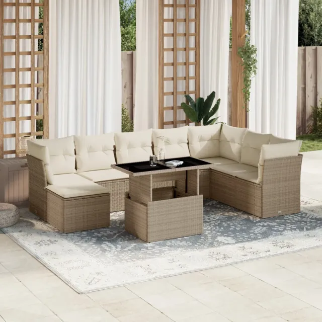 vidaXL 9-delige Loungeset met kussens poly rattan beige, foto 2