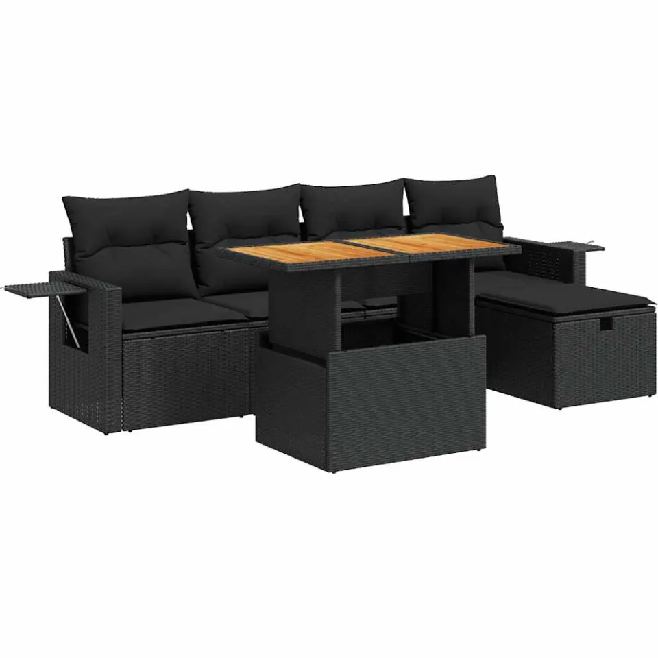 vidaXL 6-delige Loungeset met kussens poly rattan acacia zwart, foto 3