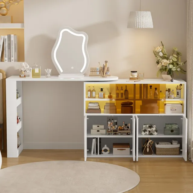 COVREO Kaptafel 177x40x131.5 cm wit, spaanplaat, LED-spiegel en opbergruimte