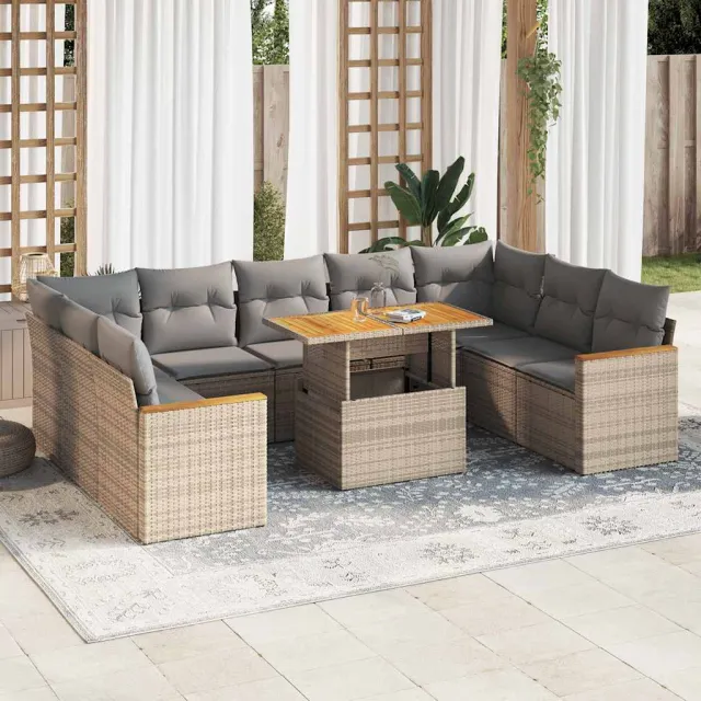 vidaXL 10-delige Loungeset met kussens poly rattan acacia beige, foto 2