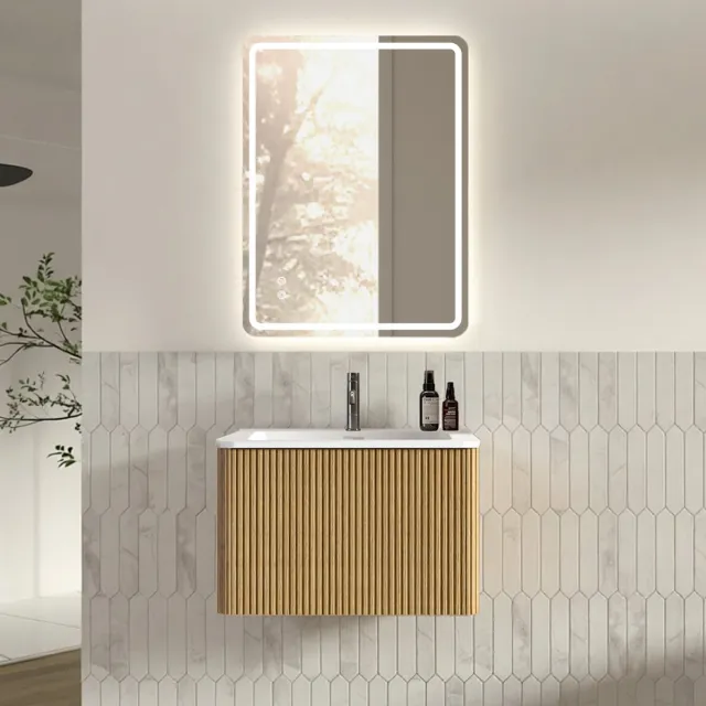 OKWISH Badmeubelset Met Spiegel LED Wandmontage Vormontage Een Lade Stijlvolle Opbergruimte Eiken 60 Cm Oak