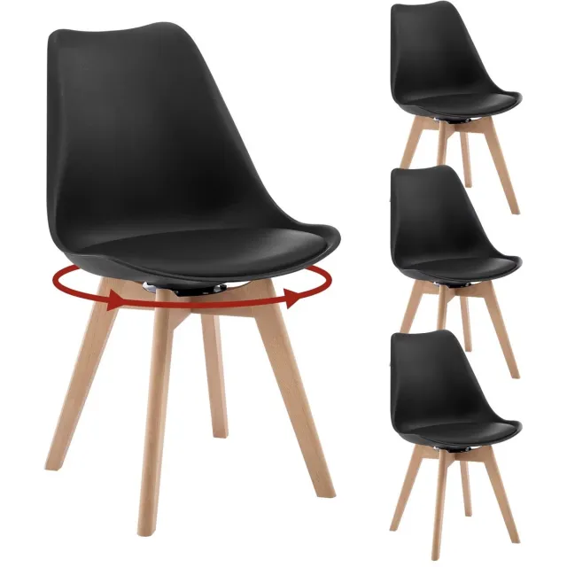 Whoopr® Set van 4 Draaibare Eetkamerstoelen – Stoelen met Gewatteerde Zitting & Massief Houten Poten – Moderne Keukenstoelen – Draagvermogen 120 kg Zwart