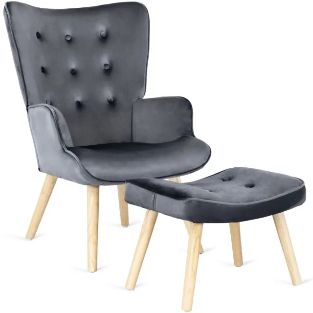 Mebel Elite Lozano - Fauteuil met voetenbank - Grijs - Fluwelen bekleding - Houten poten