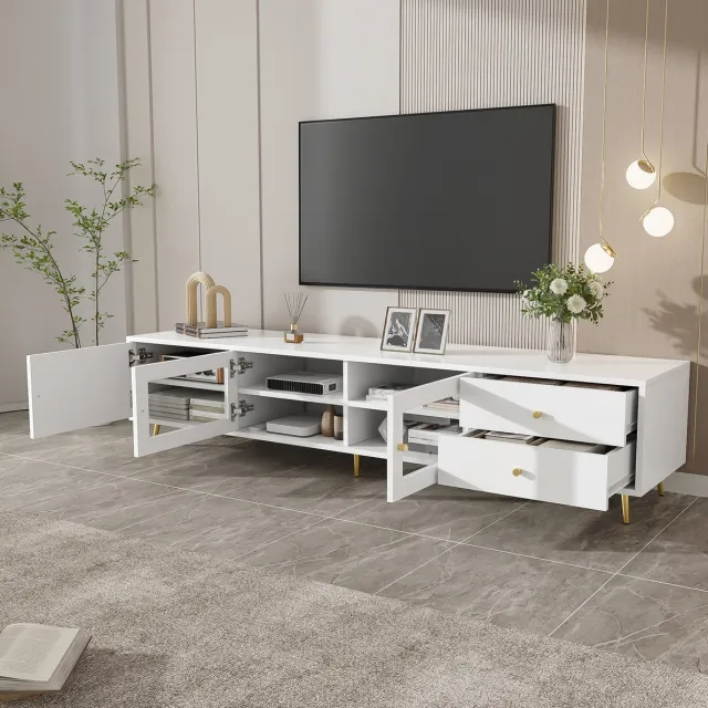 REDOM TV meubel - 2 lades - verstelbare planken - glazen deuren en kastdeur - metalen handgrepen - modern - woonkamer - spaanplaat - wit - 170 x 40 x 43 cm
