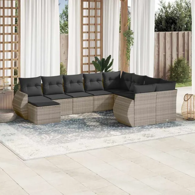 vidaXL 10-delige Loungeset met kussens poly rattan lichtgrijs grijs, foto 2