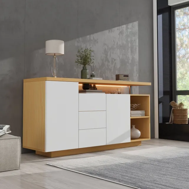 COVREO Dressoir 140 x 40 x 70 cm - wit en eikenlook, 3 lades, 2 deuren, LED-verlichting