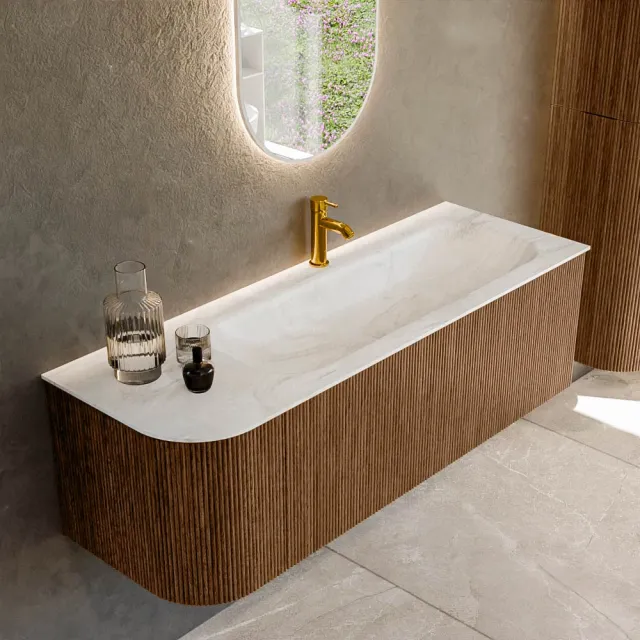Mondiaz KURVE-DLUX 135 cm Onderkast Greeploos 1 Lade Met Deuren Walnut, Wastafel Solid Surface Rechts Ostra 1 Kraangat Zonder Spiegel (KRVBGM135L1L1D1KR-Wal/Ost)