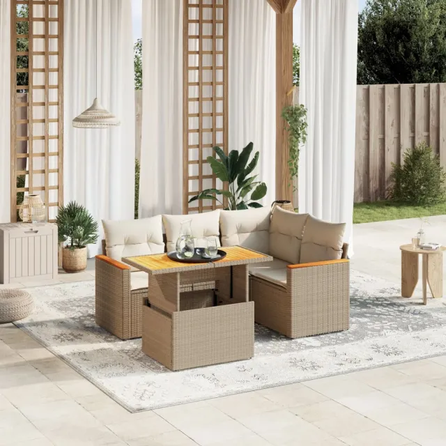 vidaXL 5-delige Loungeset met kussens poly rattan beige, foto 2
