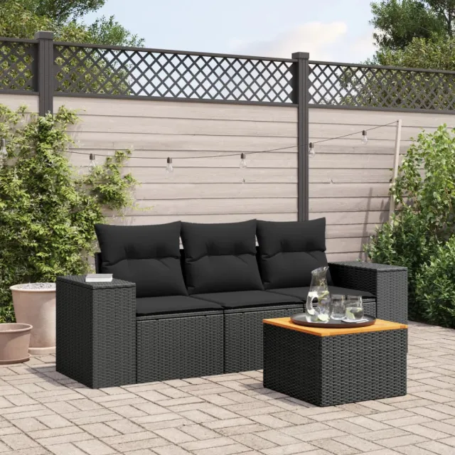 vidaXL 4-delige Loungeset met kussens poly rattan zwart, foto 2
