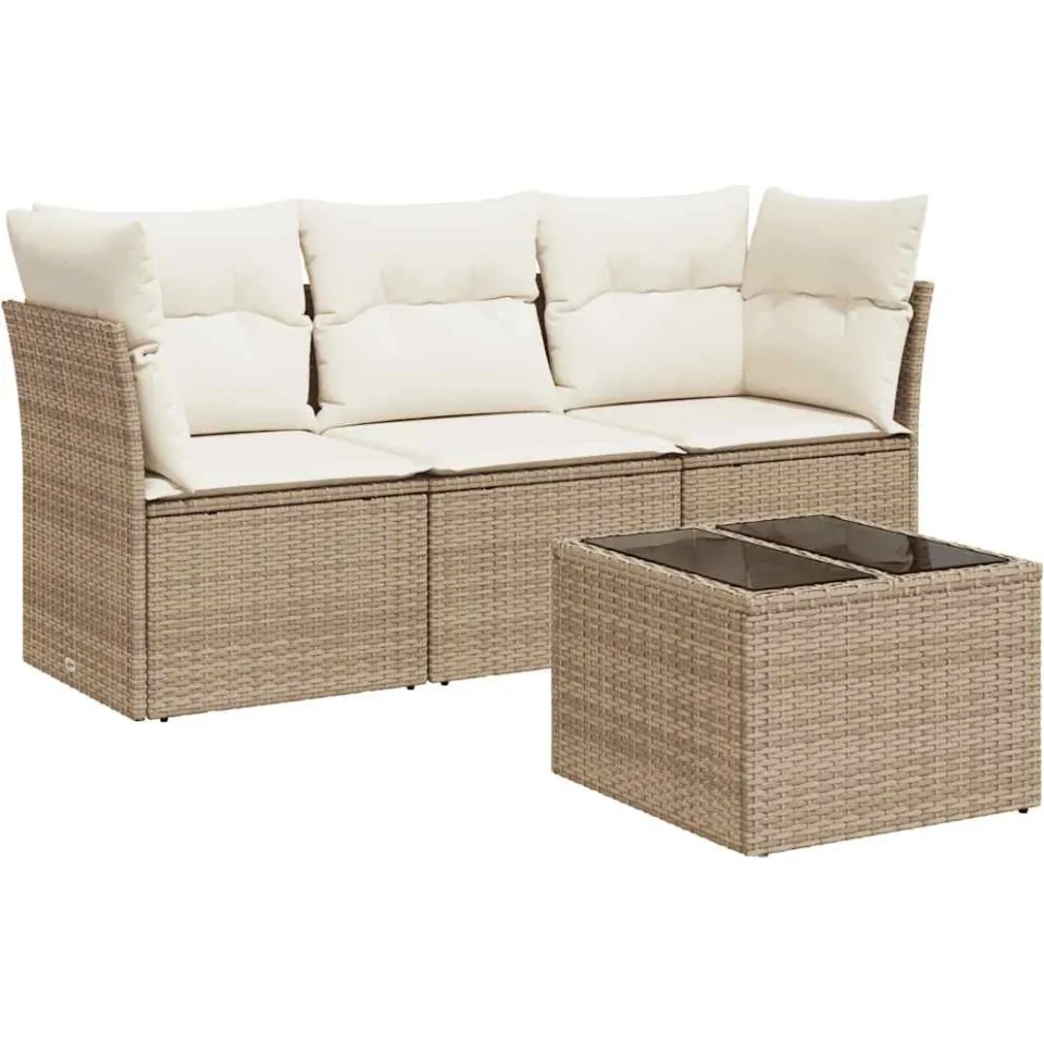 vidaXL 4-delige Loungeset met kussens poly rattan beige, foto 3