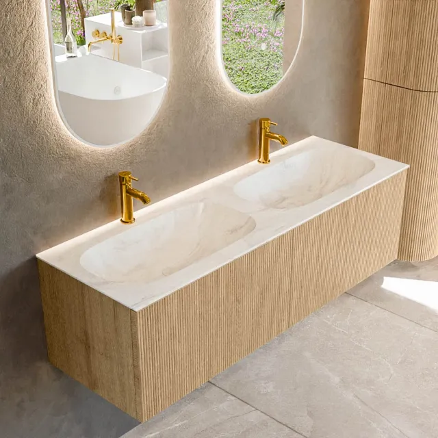 Mondiaz KURVE-DLUX 140 cm Onderkast Greeploos 2 Lades Zonder Deuren Oak, Wastafel Solid Surface Dubbel Ostra 2 Kraangaten Zonder Spiegel (KRVSTS1402L0D2KD-Oak/Ost)
