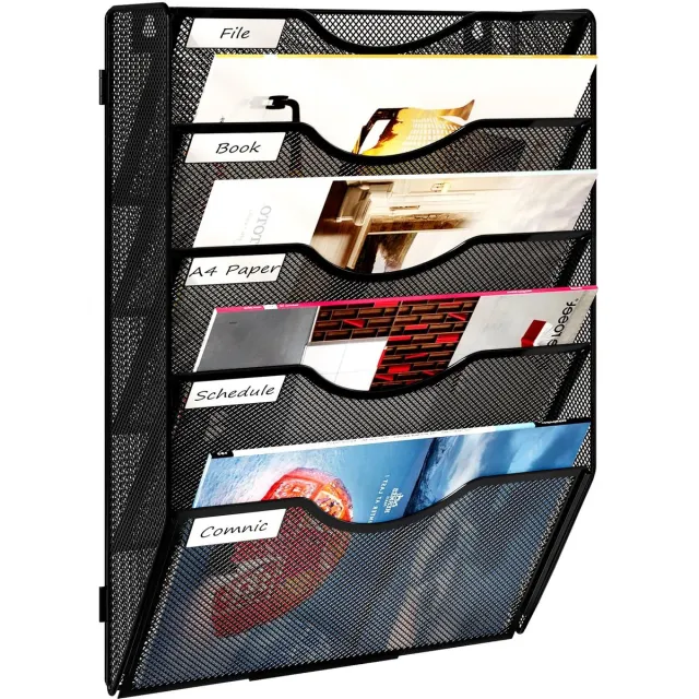 Ibenzoa Wandgemonteerde tijdschriftenhouder met vijf vakken voor thuis en kantoor Zwart