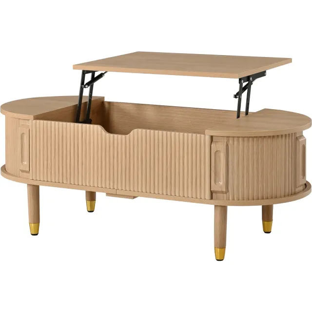 SONNENH Ovale salontafel met liftblad en schuifdeuren - MDF en rubberhout - Naturel - 110 x 48 cm Naturel houtkleur
