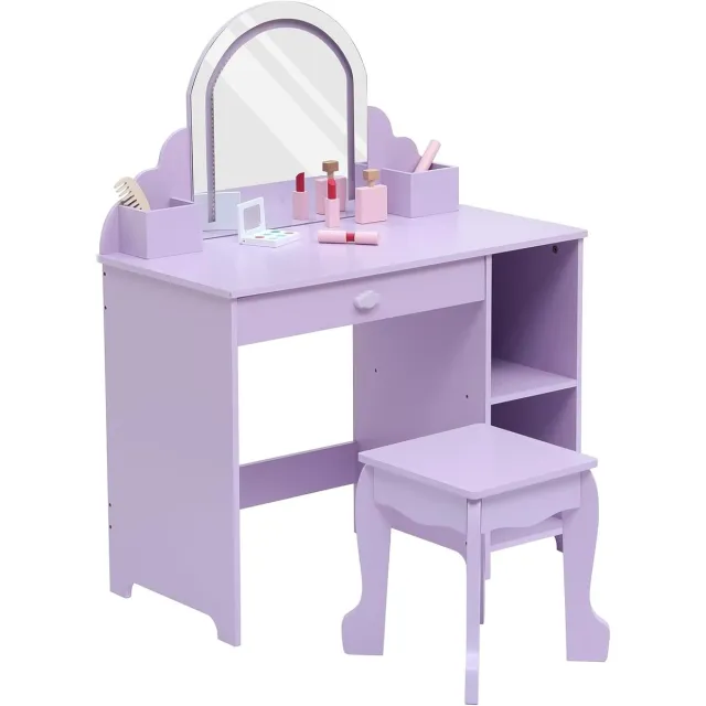 HOERFURIY Kinder Kaptafel met Verlichte Spiegel - 2‑in‑1 Kaptafel & Krukje voor Meisjes 3‑9 Jaar, met Lade en Open Planken, paars