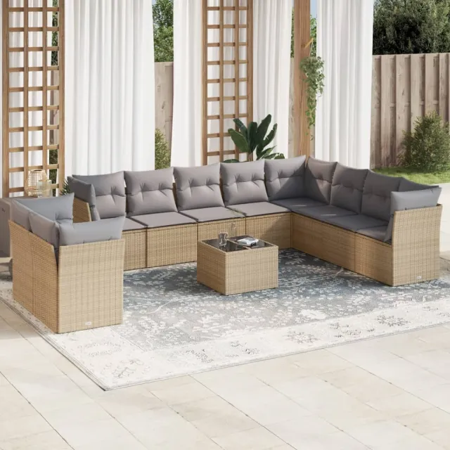vidaXL 11-delige Tuinset met kussens poly rattan beige, foto 2