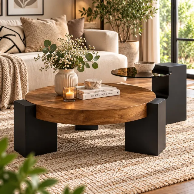 Rojellaa Ronde Salontafel met Houten Blad en Zwarte Blokpoten + Bijzettafel Naturel