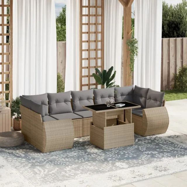 vidaXL 8-delige Loungeset met kussens poly rattan beige, foto 2