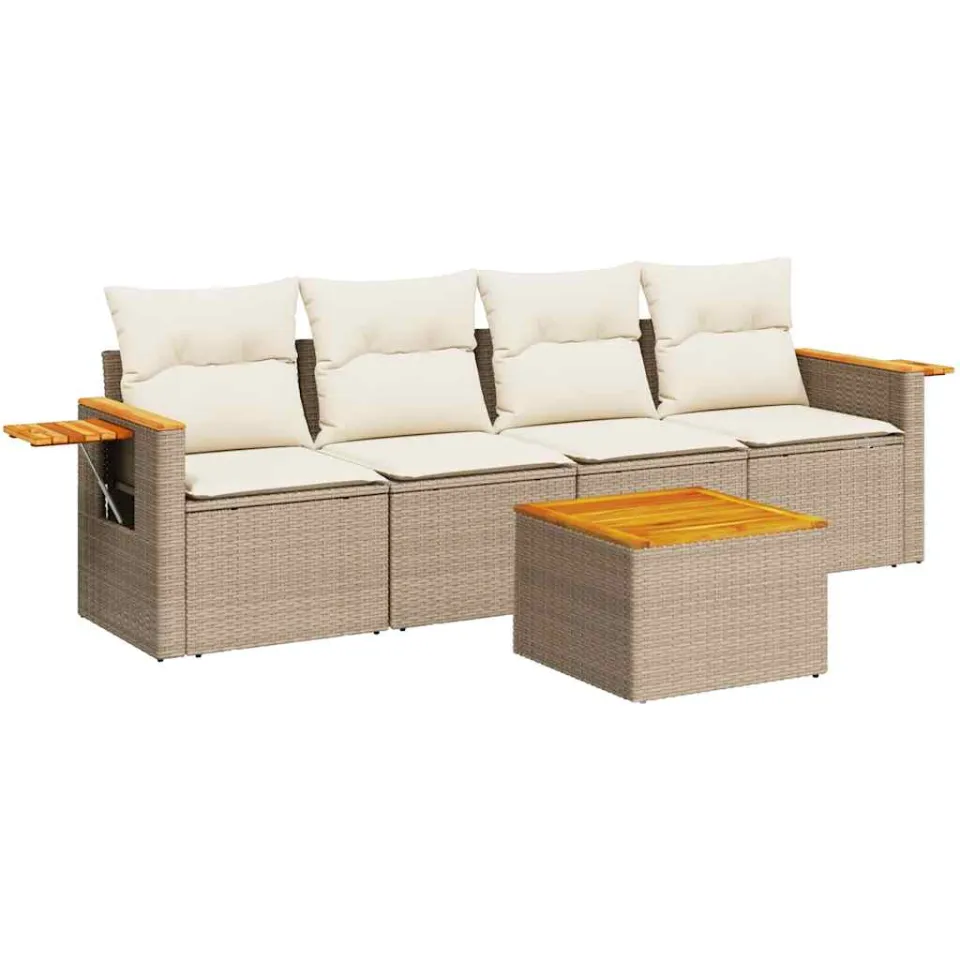 vidaXL 5-delige Loungeset met kussens poly rattan beige, foto 3