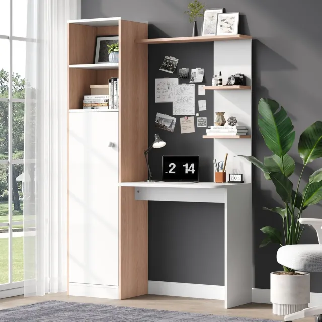 MODENUIT Bureau – 123,5 x 45 x 168,5 cm – Met Opbergruimte – Spaanplaat – Wit en Naturel – Thuiswerkplek