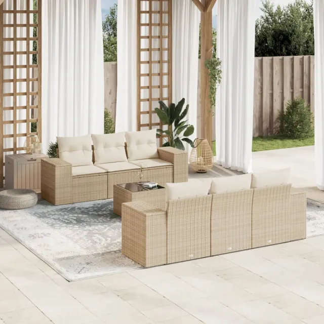 vidaXL 7-delige Loungeset met kussens poly rattan beige, foto 2