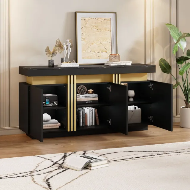 MEUNIQ dressoir 140 x 38 x 70 cm met 3 deuren, 6 vakken en verstelbare planken, zwart sideboard met marmereffect en goudaccent voor woonkamer, hal of kantoor