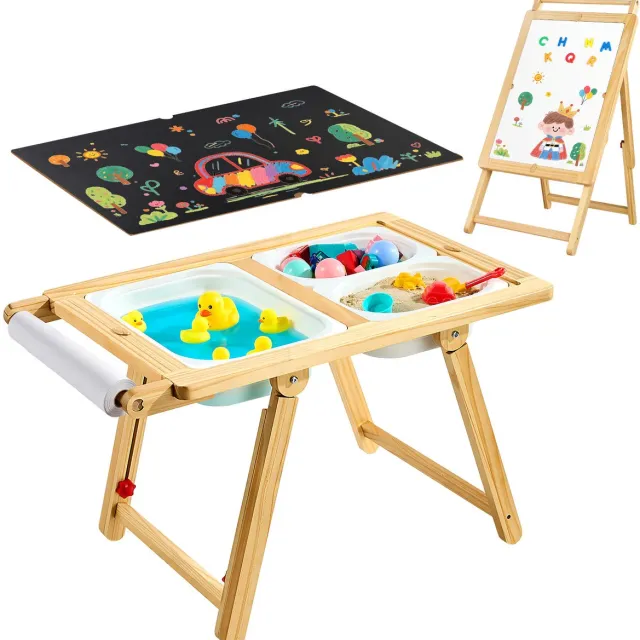 Vevor Sensorische Tafel, 7-in-1 Kindertafel, Activiteitentafel/Schilderezel van Hout met Dubbelzijdig Schoolbord, Opbergdozen, Speelzand- & Watertafel, voor Kinderen van 3-6 Jaar Natuurhoutkleur