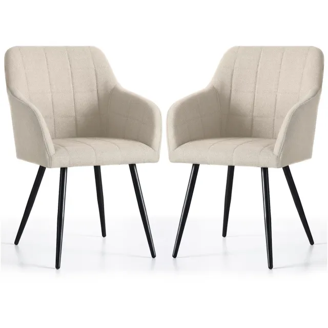 Akord Set van 2 Eetkamerstoelen LUXANO met Armleuningen / Gestoffeerde Stoelen en Metalen Poten / Lumos-stof / Beige met zwarte benen
