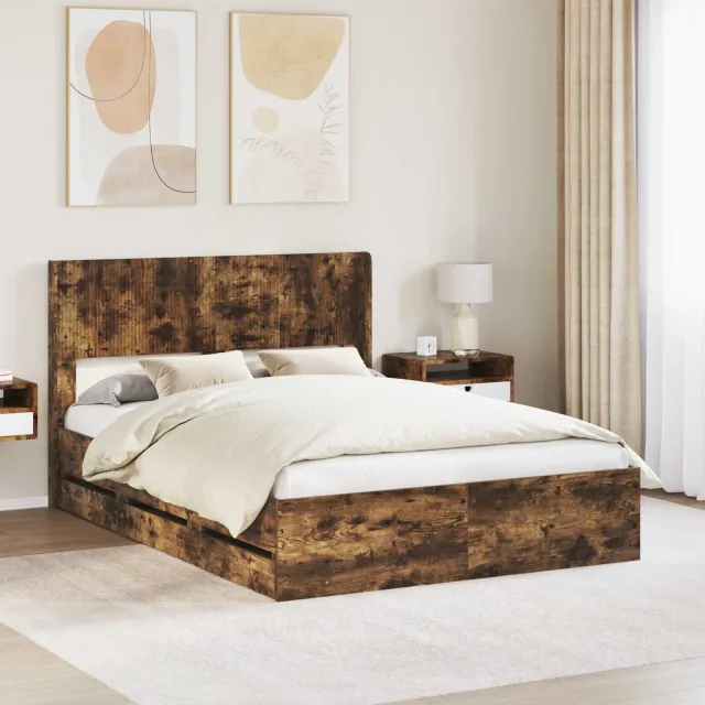 vidaXL Bedframe met opbergruimte en hoofdbord met lade Gerookt eiken Bruin
