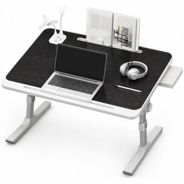 AIMASON Verstelbare bedtafel met lade en USB - Opvouwbare laptoptable 60 x 40 cm - Hoogte 27-40 cm - 4 kantelstanden - Boekhouder - Geborsteld zwart - Bank Tafeltje Inklapbaar - Ontbijttafel - Banktafel - Laptoptafel verstelbaar - Ergonomische Bedtafel