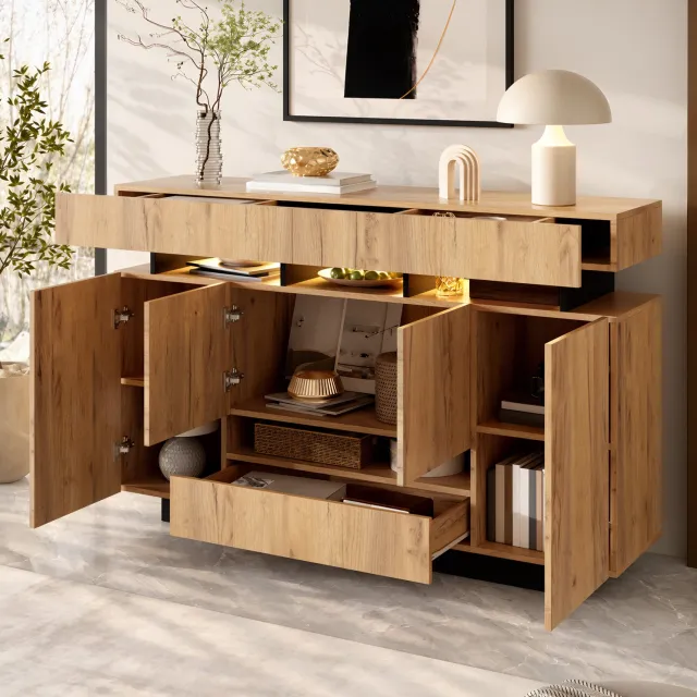 REDOM Dressoir 140x35x90 cm - 4 deuren, 3 lades en open vakken - RGB-verlichting met appbediening - Naturel/zwart Naturel, zwart