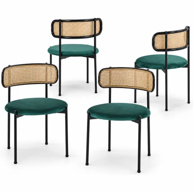 City long dragon LONG DRAGON - Velvet eetkamerstoelen - Set van 4 - Rotan rugleuning - Vier metalen poten - Voor woonkamer en slaapkamer - Groen