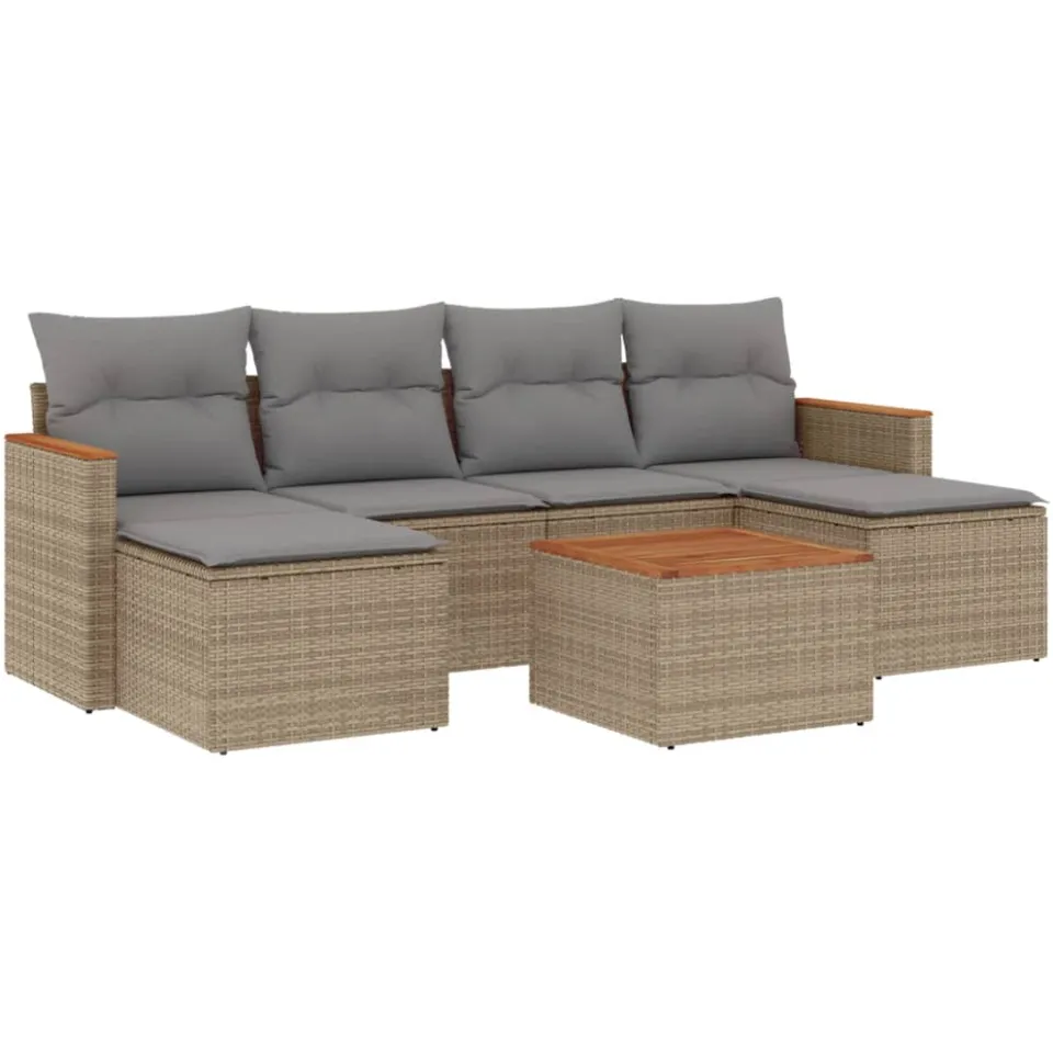 vidaXL 7-delige Loungeset met kussens poly rattan gemengd beige, foto 3