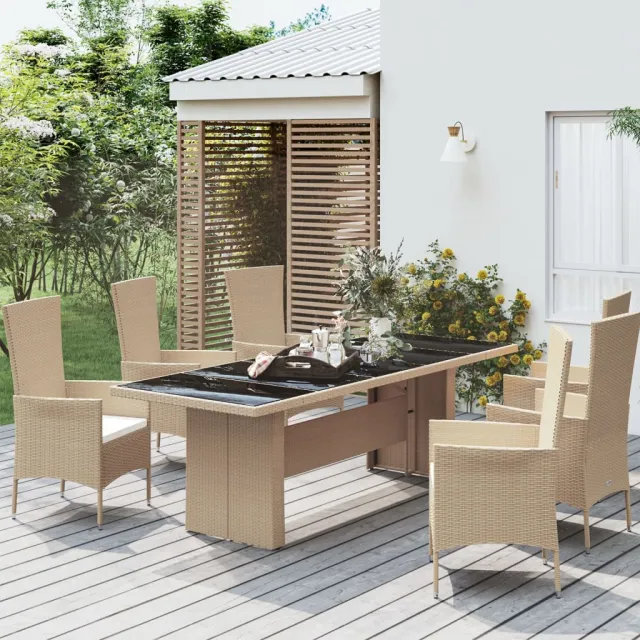 vidaXL Tuintafel met glazen blad poly rattan en gehard glas beige, foto 2