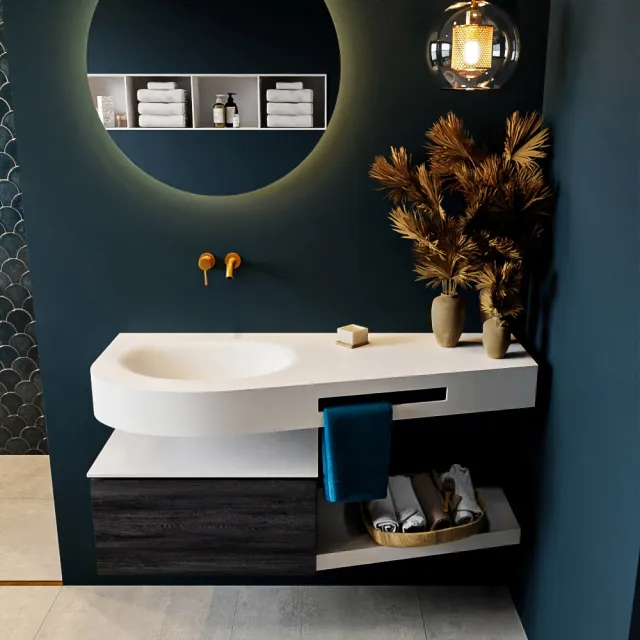 Mondiaz RIVA 120cm badmeubel onderkast / planchet kleur Antracite met 1 lade. Wastafel DULCET links 0 kraangaten kleur Talc.