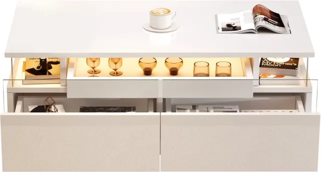 MUVANO Witte hoogglans salontafel - Salontafel met led verlichting - Salontafel met 2 lades - Afneembaar dienblad - 90x45x35,5 cm - App bediening - Woonkamer Wit