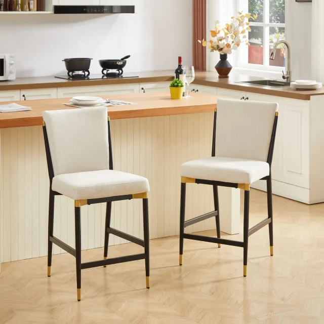 Clruro Barstoelen - 2 Stuks - Scandinavische Barstoel Voetsteun Rechthoekig Goud Zwart Frame - Keukeneiland/Bar - Stoffering - Crème Beige