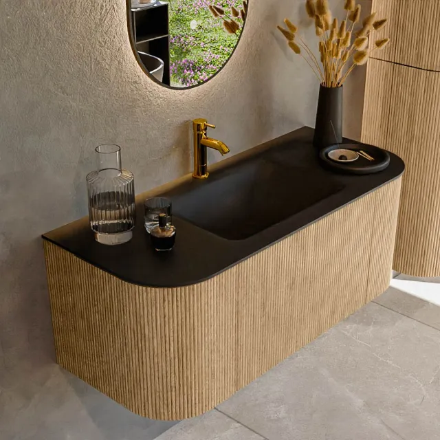 Mondiaz KURVE 110 cm Onderkast Greeploos 1 Lade Met Deuren Oak, Wastafel Solid Surface Midden Urban 1 Kraangat Zonder Spiegel (KRVCLO110L+R1L2D1KM-Oak/Urb)