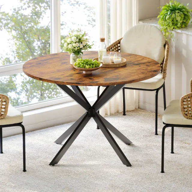 COVREO Ronde eettafel 120x120x76 cm – vintagebruin, zwart, X-vormig stalen onderstel