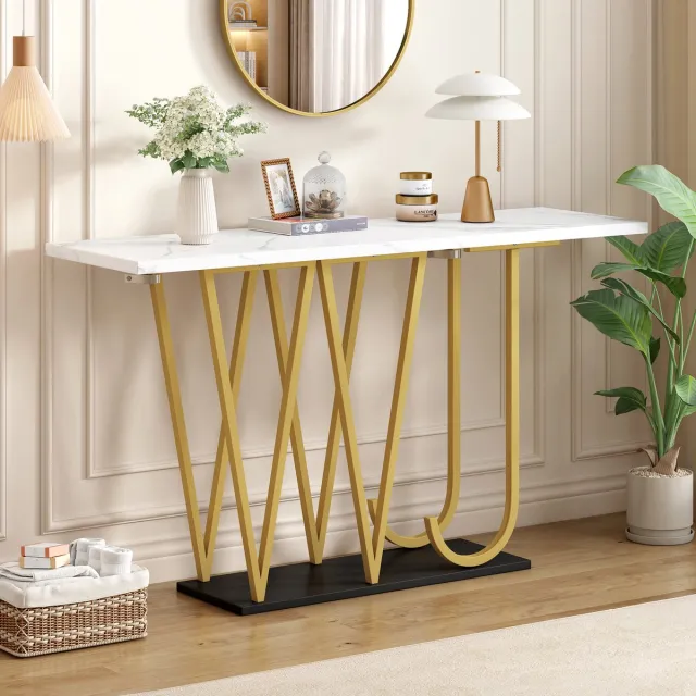 COVREO Sidetable 120 x 29,5 x 80 cm – wit marmerlook fineer, MDF en metaal, open opbergruimte White