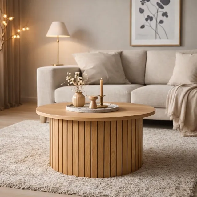 Fameilleur Ronde Salontafel Warm Eiken Ø67 cm – Salontafel Rond Hout – Design Koffietafel – Moderne Woonkamer Tafel – Scandinavisch Japandi Stijl – bijzet tafel – Beige Taupe – Organische Salon tafel – Kleine Tafel – Bijzettafel Rond – salontafel hout, bruin