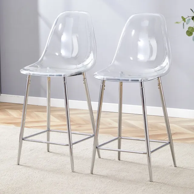 OKWISH Barkruk Set van 2 – Transparante Barkrukken Met Rugleuning En Voetensteun – Voor Keuken, Bar Of Eetkamer – Kunststof En Metaal – Zilver
